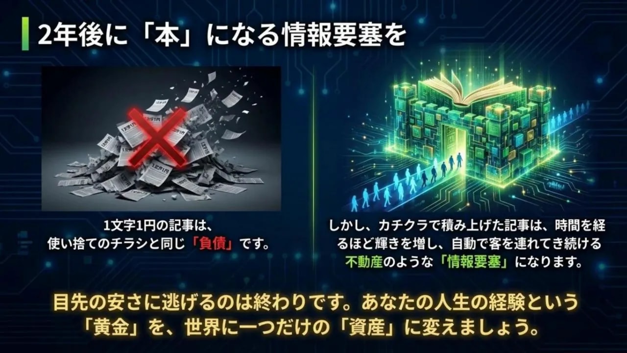 捨てられた紙の山と、書籍の形をしたデジタルな情報要塞を対比したスライド画像