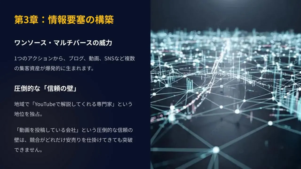 スライド：第3章 情報要塞の構築。ワンソース・マルチバースの威力と信頼の壁についての説明とネットワークのビジュアル。