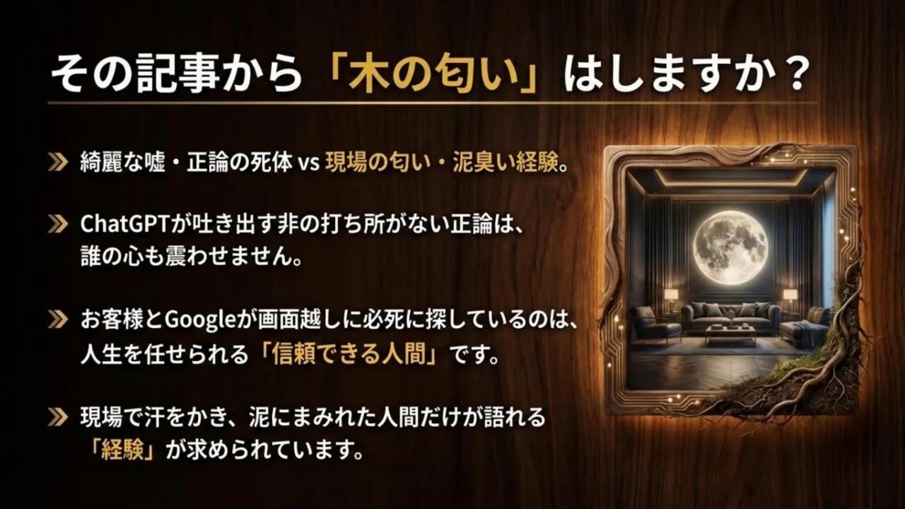 スライド：『その記事から「木の匂い」はしますか？』という見出しと箇条書き、木目背景と右側に額縁のイメージ（画質が良く本文に適した図）