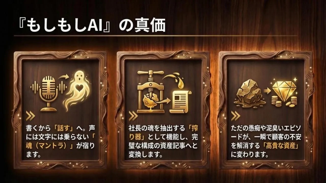 『もしもしAI』の真価スライド（マイクから魂へ、体験を資産に変える図）