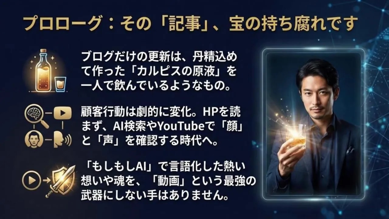 プロローグスライド：ブログだけで終わらせることの問題を説明するテキストとアイコン、右に人物イメージ