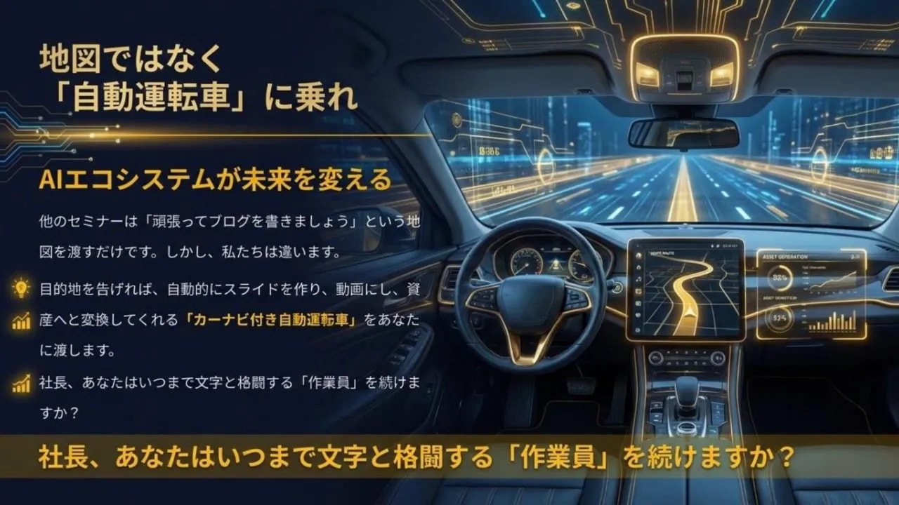 高コントラストで読みやすいスライド:『地図ではなく「自動運転車」に乗れ』の見出しとダッシュボードの近未来イラスト