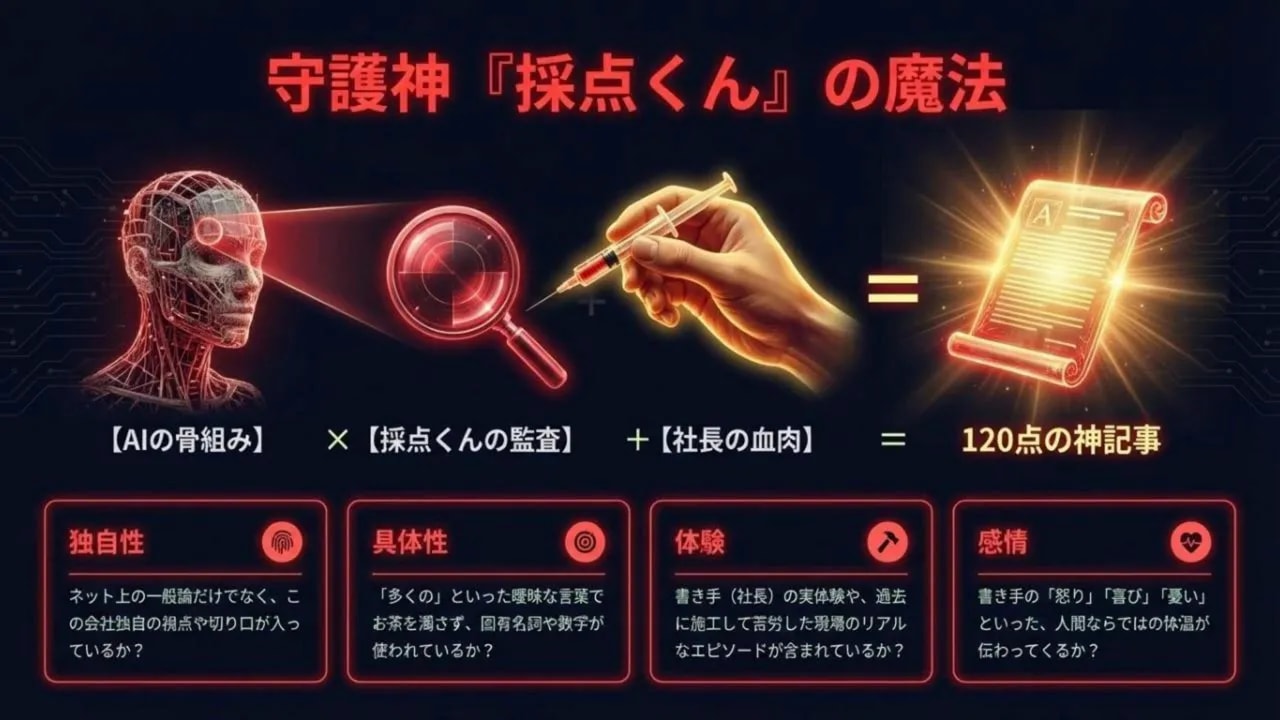 「守護神 採点くん の魔法」のインフォグラフィック。左にAIの骨組みの頭部、中央に拡大鏡と注射器、右に輝くスクロール、下部に「独自性」「具体性」「体験」「感情」の評価ボックスが並んでいる図。