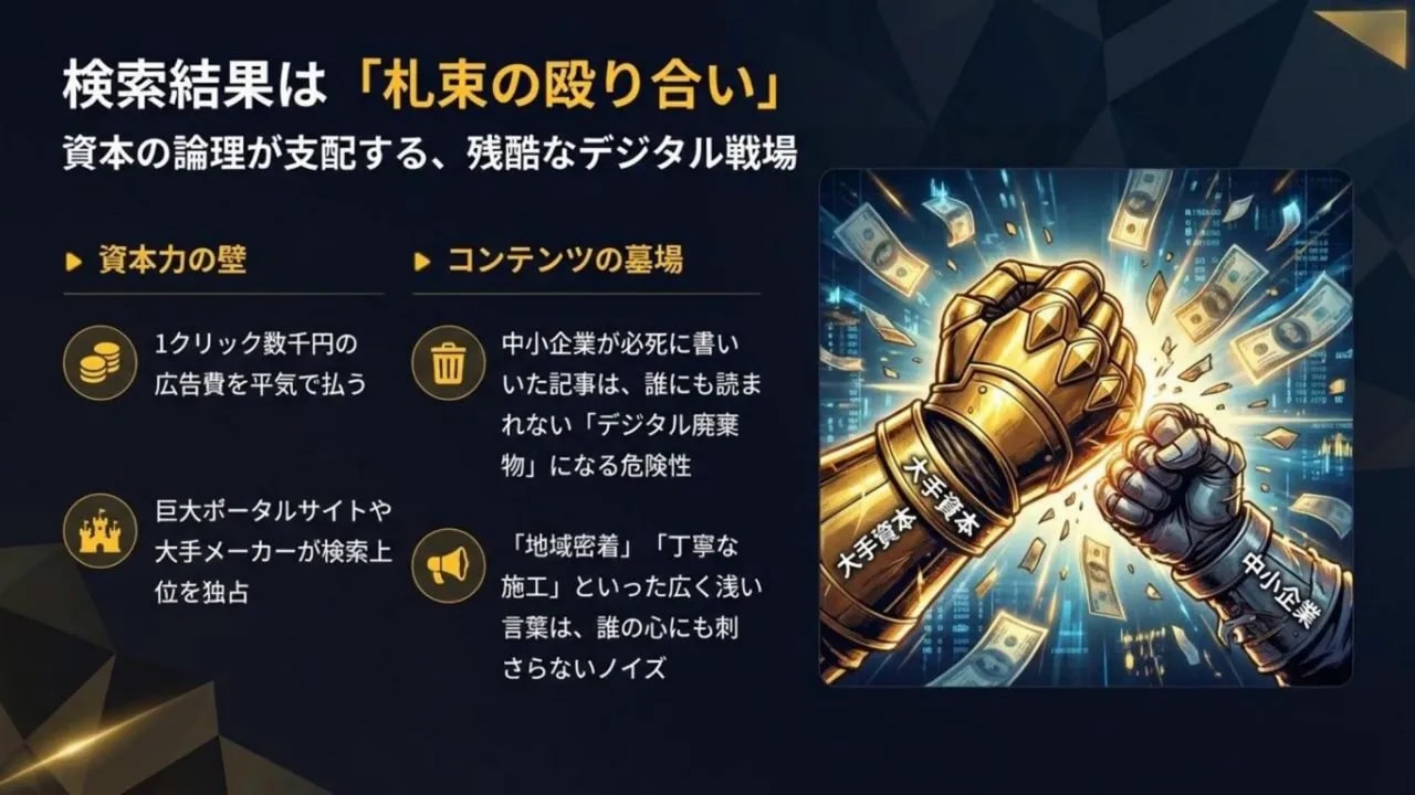 検索結果で資本力が競り合う様子を示すスライド（札束の殴り合いのイラスト付き）