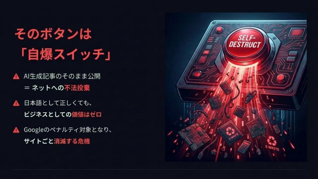赤い「SELF-DESTRUCT」ボタンと自爆スイッチを示すイラスト、左に日本語の警告文が並ぶスライド