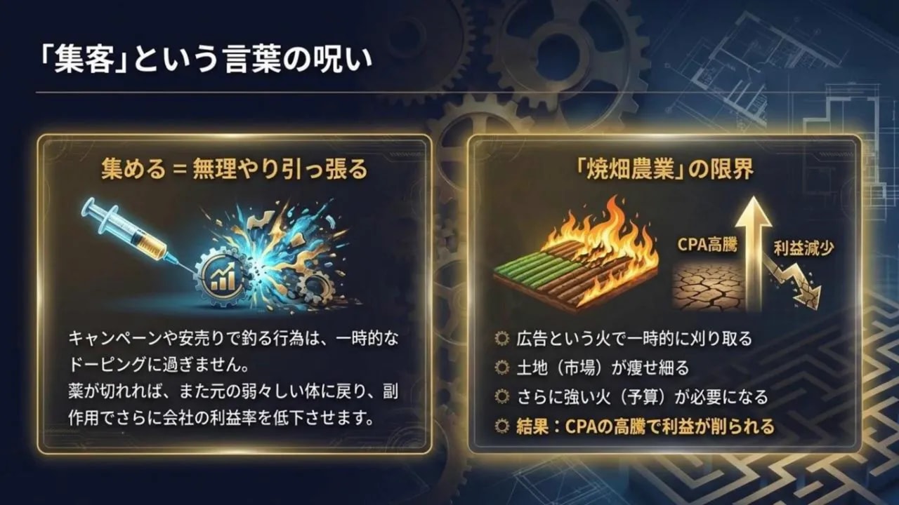 スライド：『集客という言葉の呪い』と表示、注射のイラストと焼ける畑のグラフィックで焼き畑農業の限界を示す