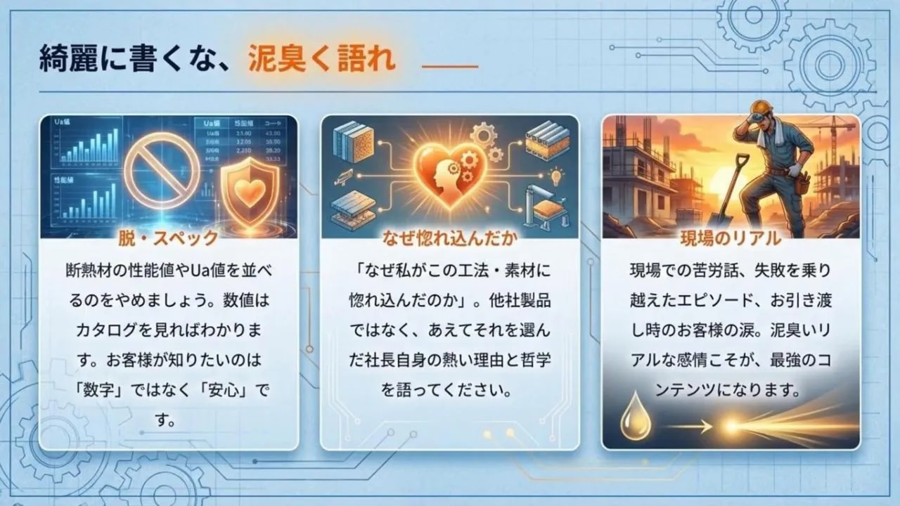 プレゼンスライド全体の鮮明な画像：脱・スペック、なぜ惚れ込んだか、現場のリアルという3つの要点を示す