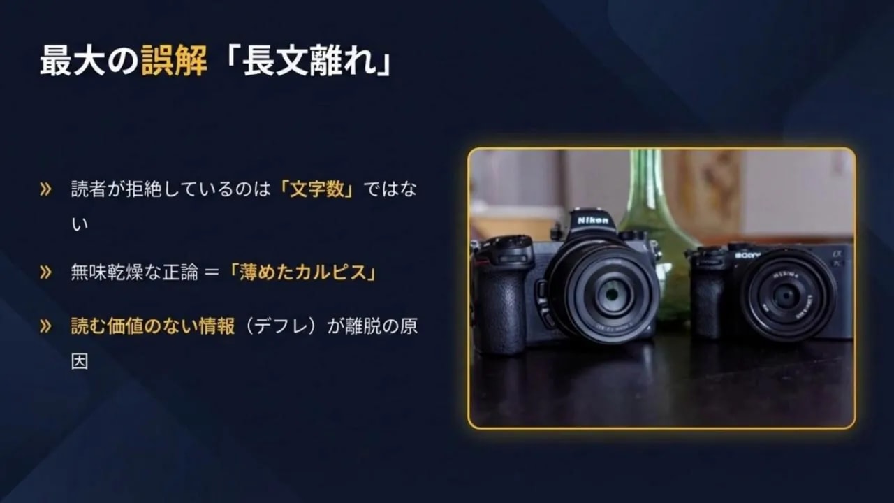 情報の濃度が薄いと読まれないことを示すイメージ（カメラの映像ボックスと解説テキスト）