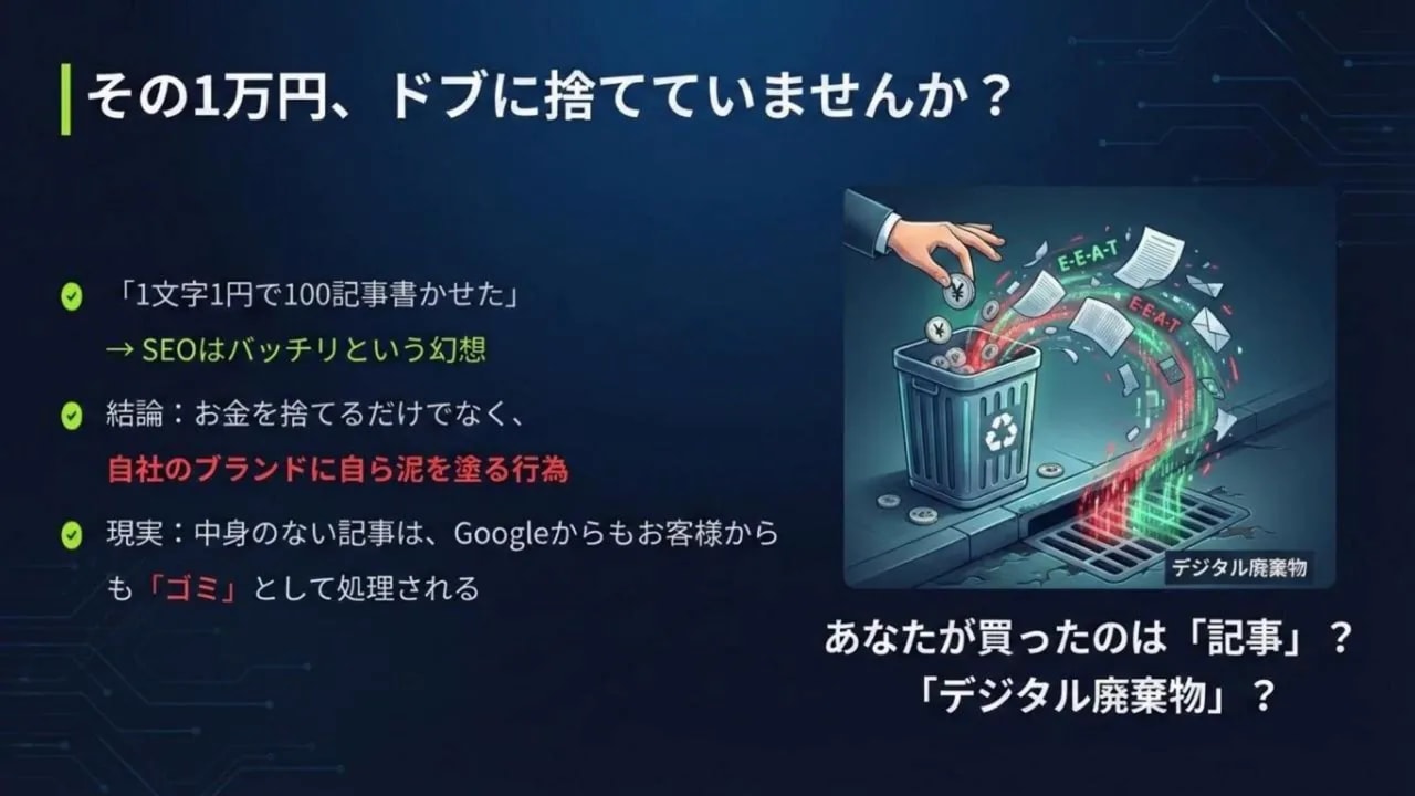 スライド：その1万円、ドブに捨てていませんか？（ゴミ箱に記事やお金を捨てるイラスト）