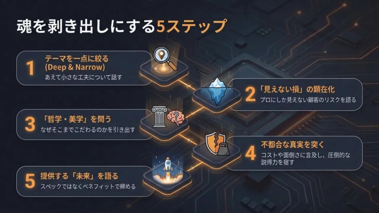 魂を引き出す5ステップ質問テンプレート（テーマ一点化、顧客損失、哲学、不都合、10年後）