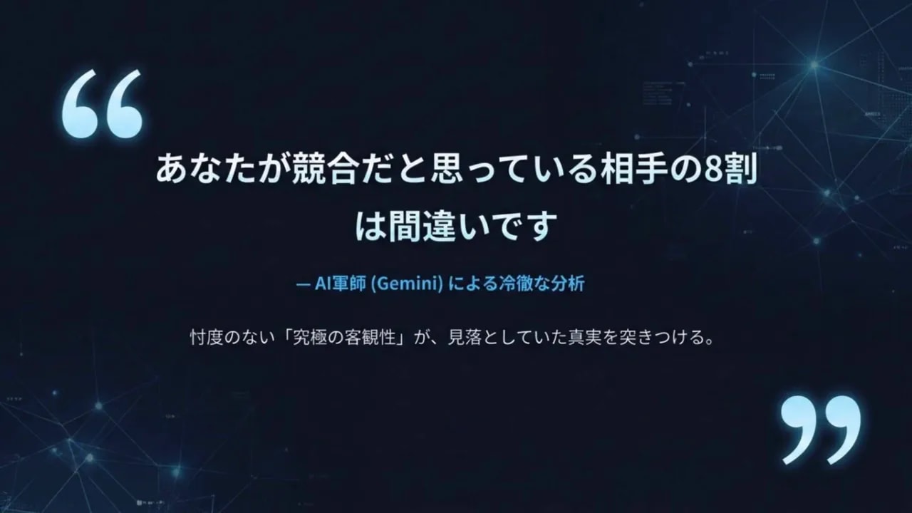 AI軍師による分析で「競合だと思っている相手の8割は本当の敵ではない」と示すスライド
