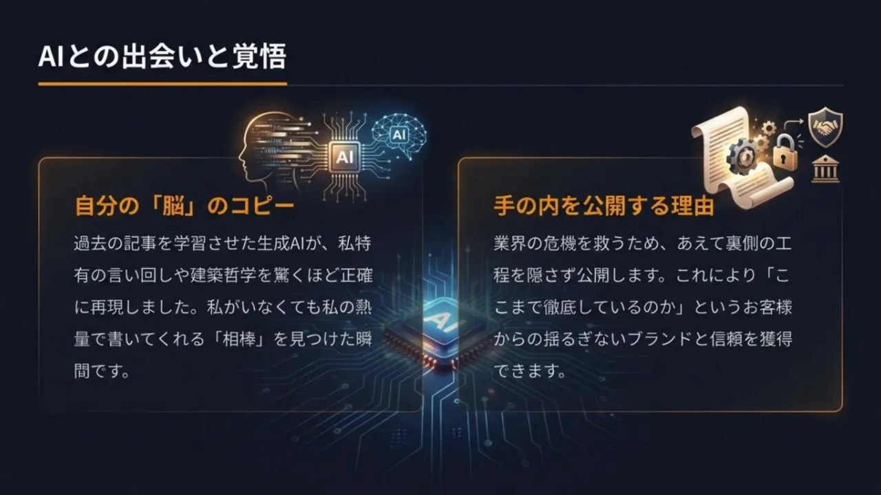 AIが過去記事から文章のトーンと哲学を再現するイメージ図