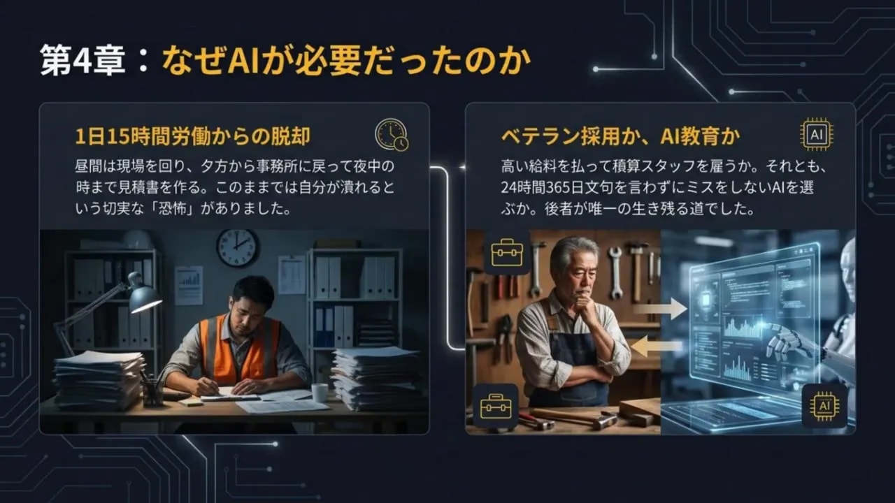「第4章 なぜAIが必要だったのか」1日15時間労働とAI活用の比較スライド