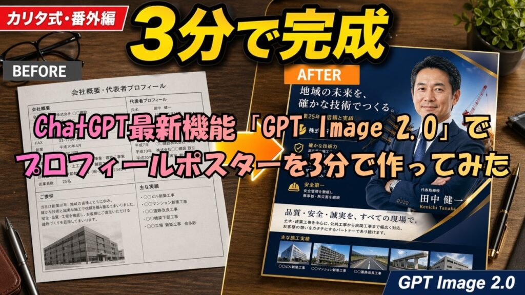 video thumbnail for 'ChatGPT最新機能「GPT Image 2.0」でプロフィールポスターを3分で作ってみた【カリタ式・番外編】'