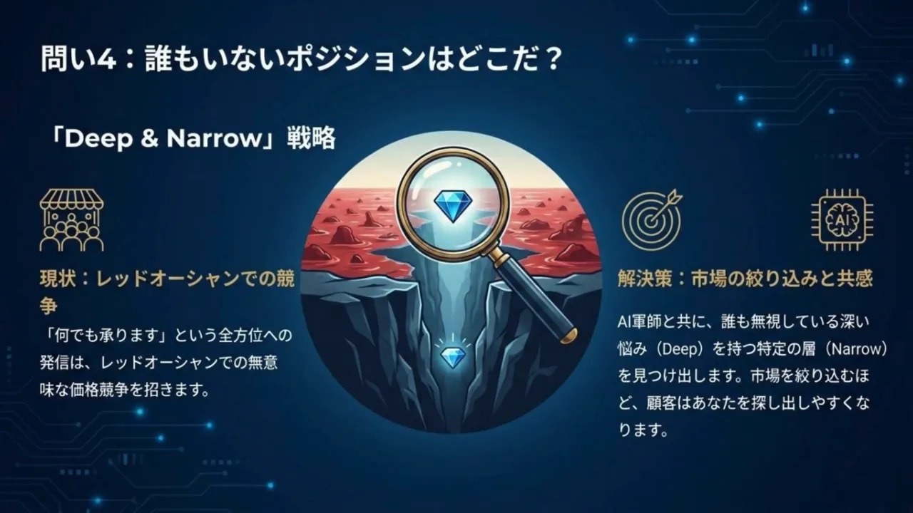 Deep & Narrow戦略の図解（レッドオーシャンクラスの競争からの絞り込み）