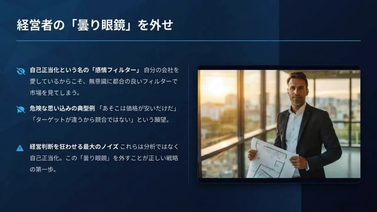 経営者の量り眼鏡を外し感情フィルターを意識するスライドのスクリーンショット