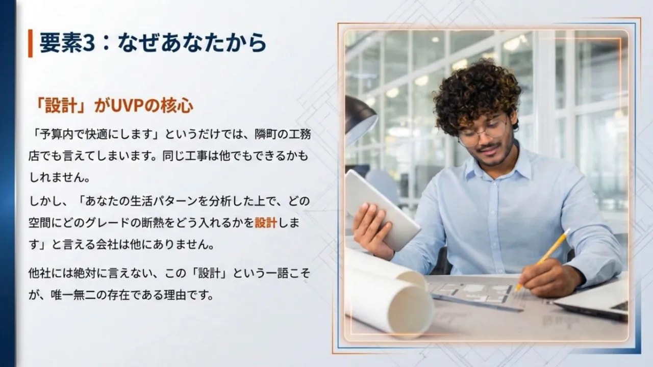 建築会社のUVP設計：『設計』がUVPの核心であることを説明するスライド
