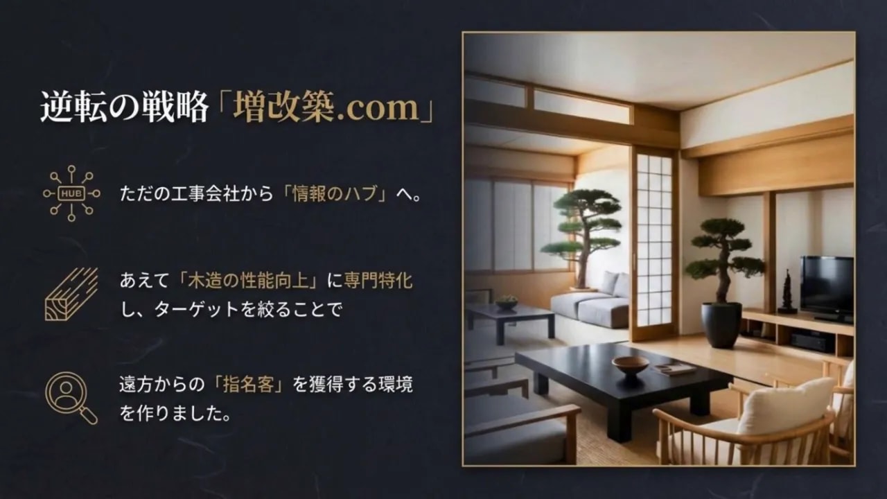 増改築.comのコンセプト図（逆転戦略：工事会社から情報のハブへ）