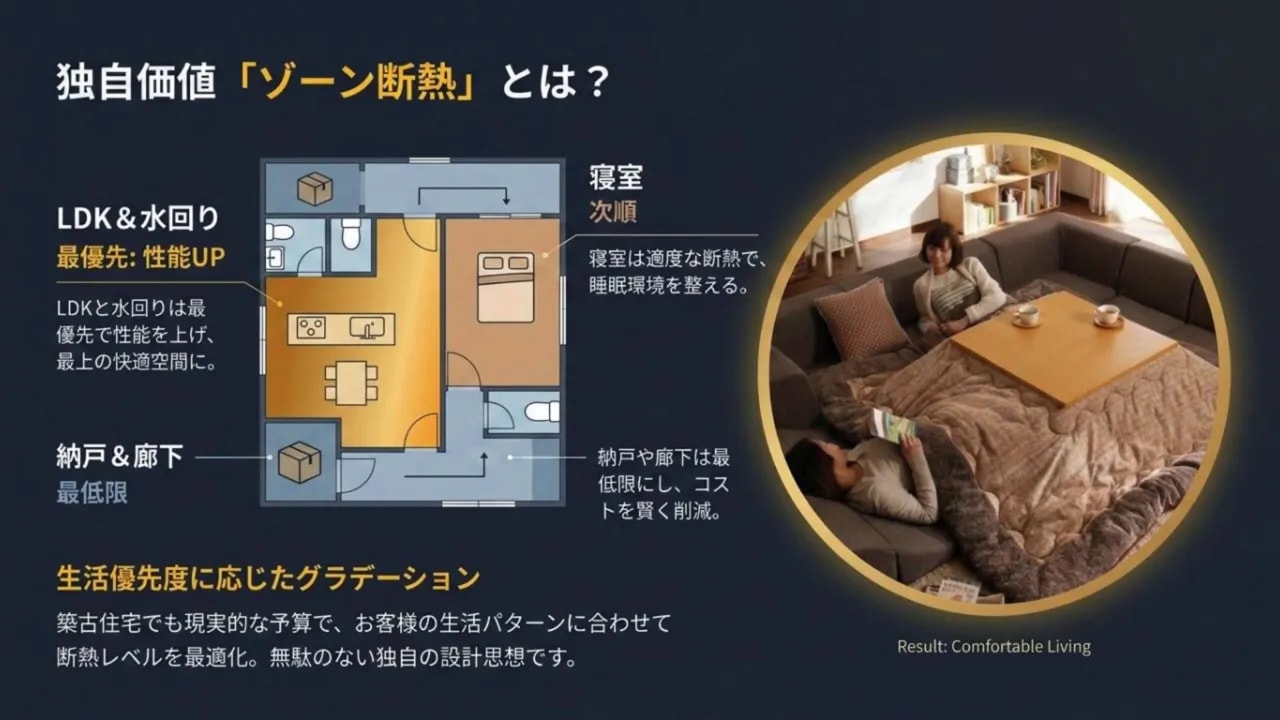 ゾーン断熱の説明図:LDKと水回りを最優先し、寝室や廊下などは優先順位に応じて断熱レベルを調整する図